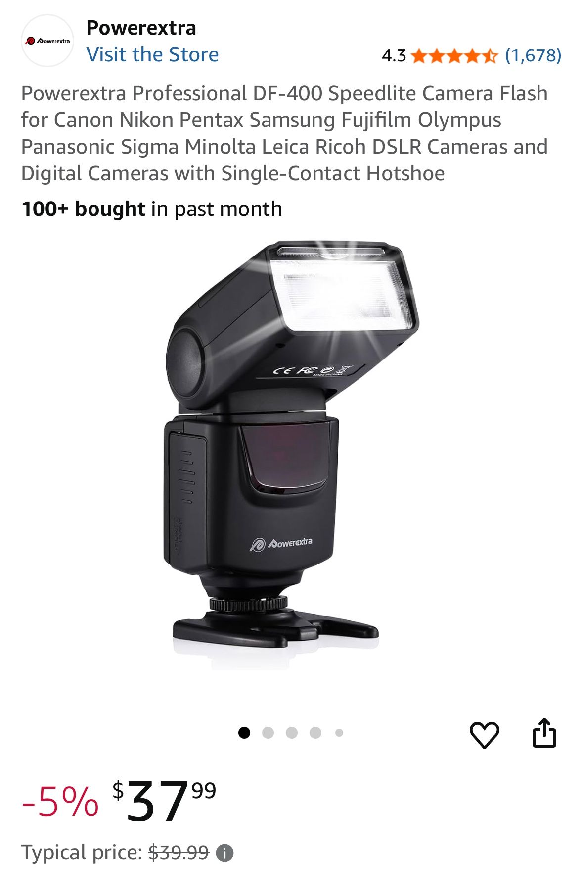 Powerextra Professional DF-400 Speedlite Camera Flash for Canon Nikon Pentax Samsung Fujifilm Olympus Panasonic Sigma Minolta Leica Ricoh DSLR Cameras