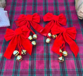 Set of 4 Red Velvet Christmas Bows With Gold Bells.