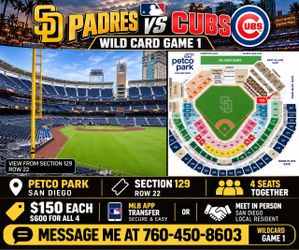 Padres Vs Cubs Wild Card GM 1 $150 ea (contact info removed)