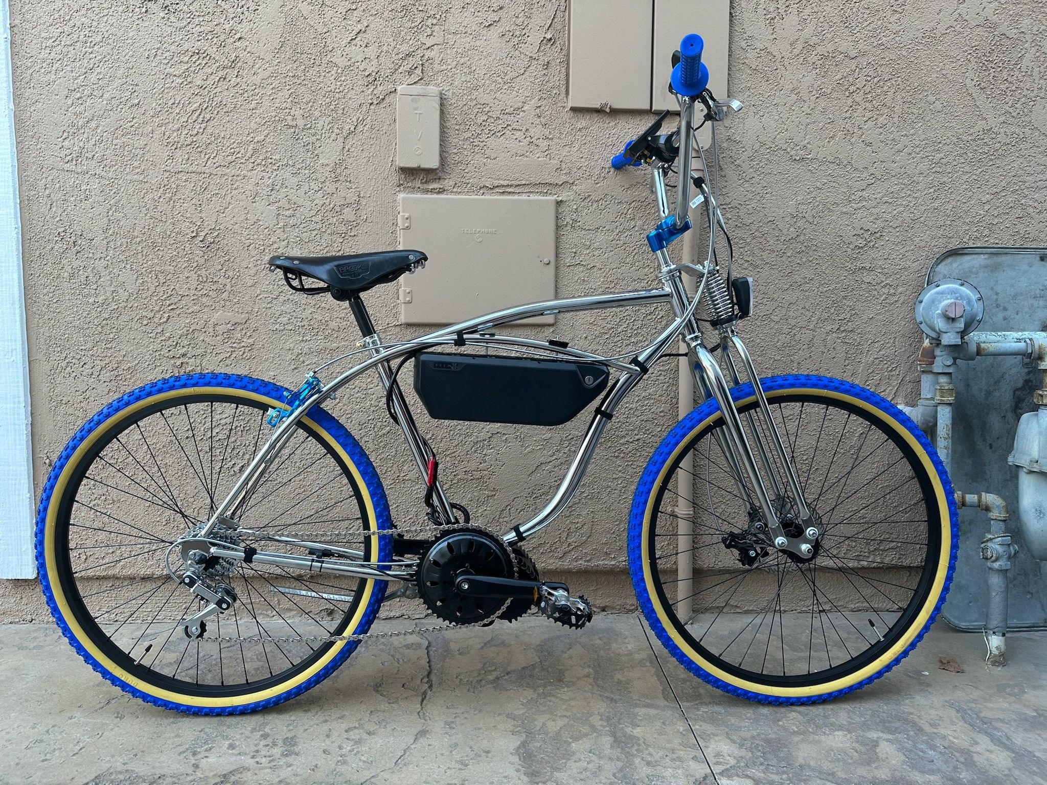 Brand New Deadstock Electric Bike 1000w Bafang Mid Drive E-bike Chrome Beach Cruiser 7 Speed Disc Brakes Brooks Saddle