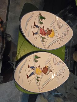 2 Vintage Norwegian Ceramic Wall Plaque Cross Country Skiing Norway