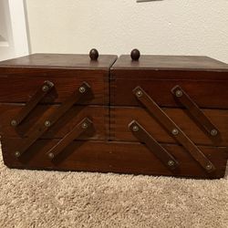 Vintage Wood Sewing Box 3 Tier Accordian Fold Out Tabletop