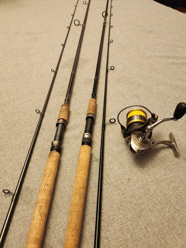 2 9ft 6in M power Salmon/steelhead Rods With Fishing Reel And Tackle