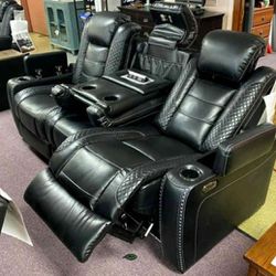 Black Leather Power Reclining Sofa With Adjustable Headrest 