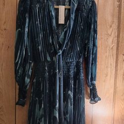 Banana Republic Tie Neck Pleated Mini Dress In Green Marble