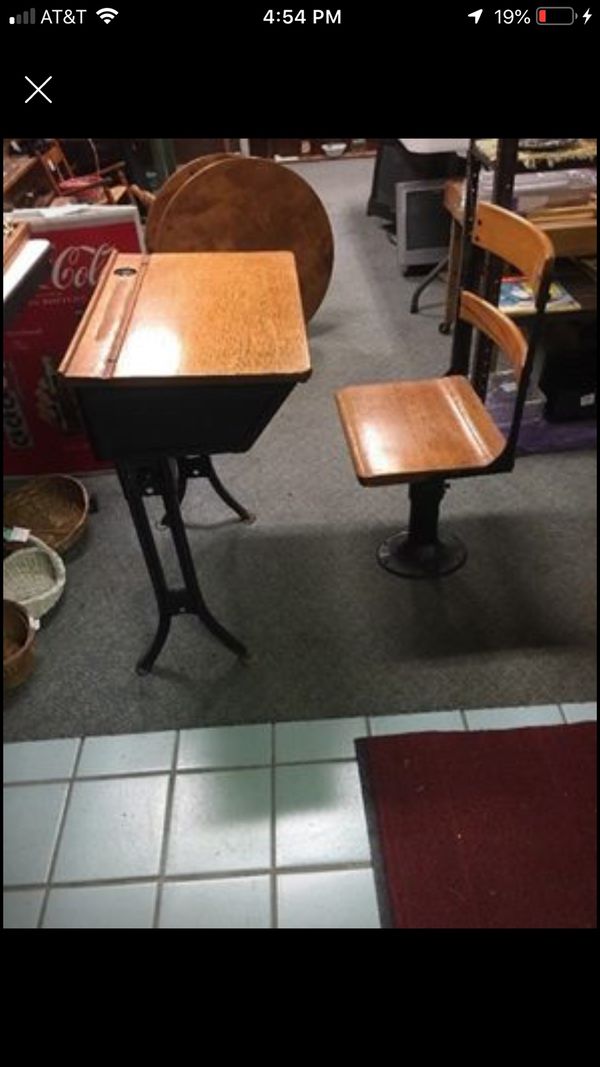 Antique School Desk With Chair And Glass Inkwell Iron Wood Antique School Desk With Chair And Glass Inkwell Iron Wood Hinged Lid Pickup In Gahanna