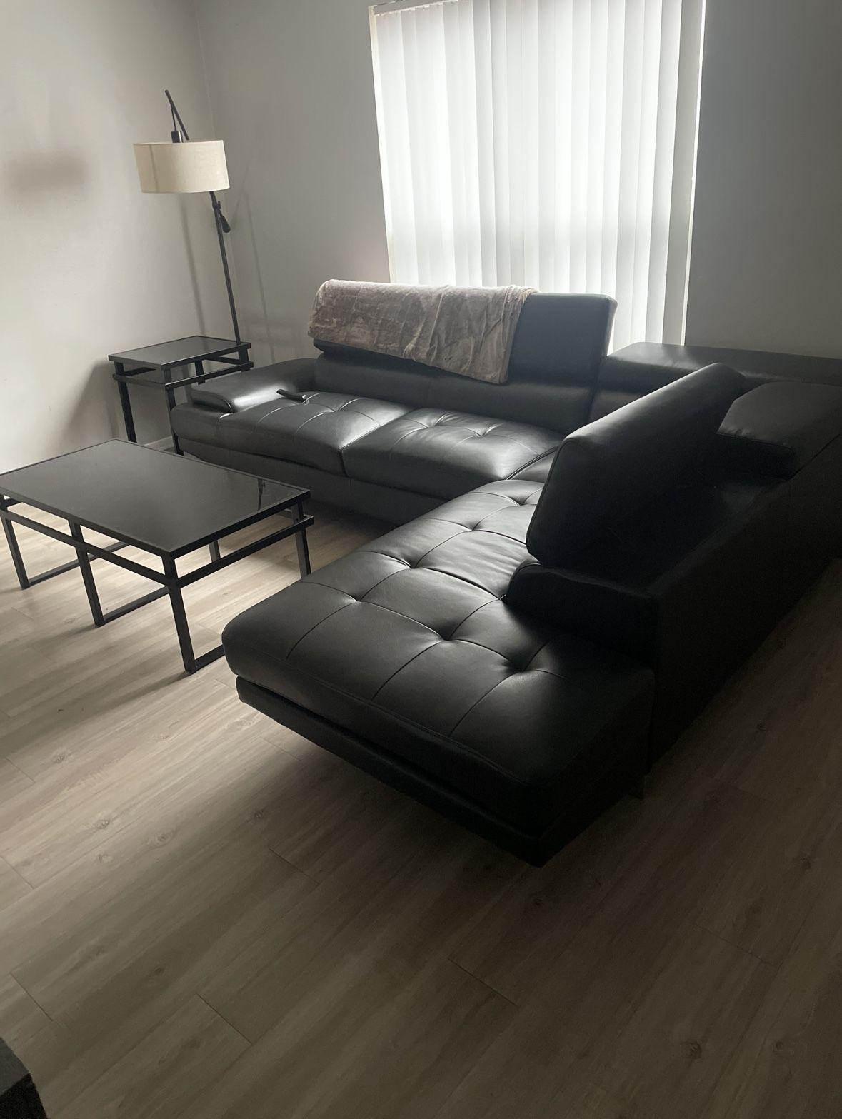 Modern Black Leather Sectional 