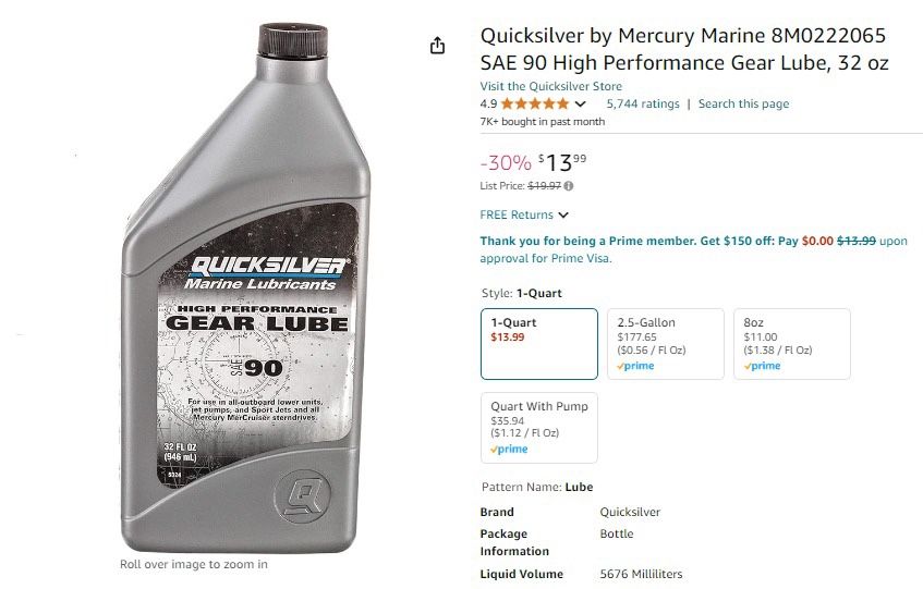 32 Oz Quicksilver By mercury marine SAE 90 HP Gear lube