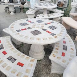 Concrete Mosaic Picnic Table with 3 Benches/ Outdoor Patio Furniture