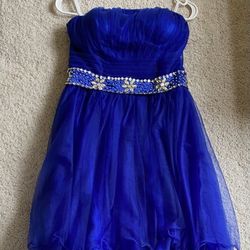 Short, Sleeveless Royal Blue Prom Dress with Sheer Lettuce-Ruffle Overskirt Tiers