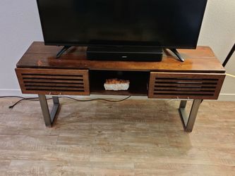 DECK & STRINGER RECLAIMED WOOD MEDIA CABINET w/ STEEL TRAPEZOID LEGS