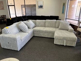 Large Cream Corduroy Sectional Sofa with Chaise