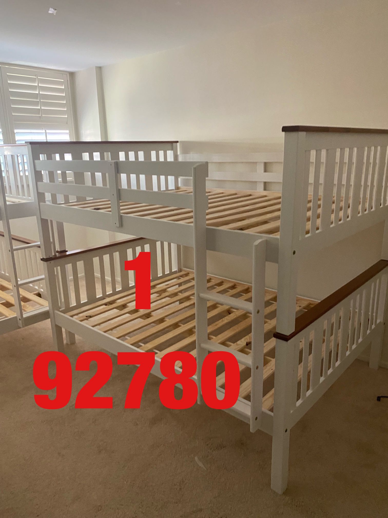   Full over Full bunk bed. Espresso & white-$499.90. Full mattresses -$125.00 each. Assembly not included. Free delivery.