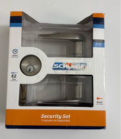 Schlage Deadbolt & Door Handle Set, Accent Lever, Satin Nickel Front door set with single cylinder deadbolt & reversible entry lever, Keyed alike, Cer