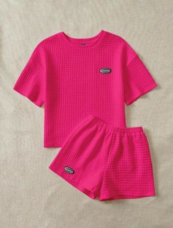 Hot Pink Waffle Knit T-Shirt and Shorts Set
