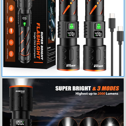 New in box! Rechargeable Flashlights High Lumens 10000 2 Pack, Super Bright 30W LED, Long Lasting 12H, Single Click 3 Modes, Multifunctional USB C Inp