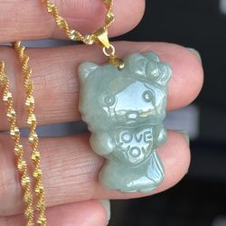 Hello Kitty Green Jade Pendant   S 925 18 in Chain 💚