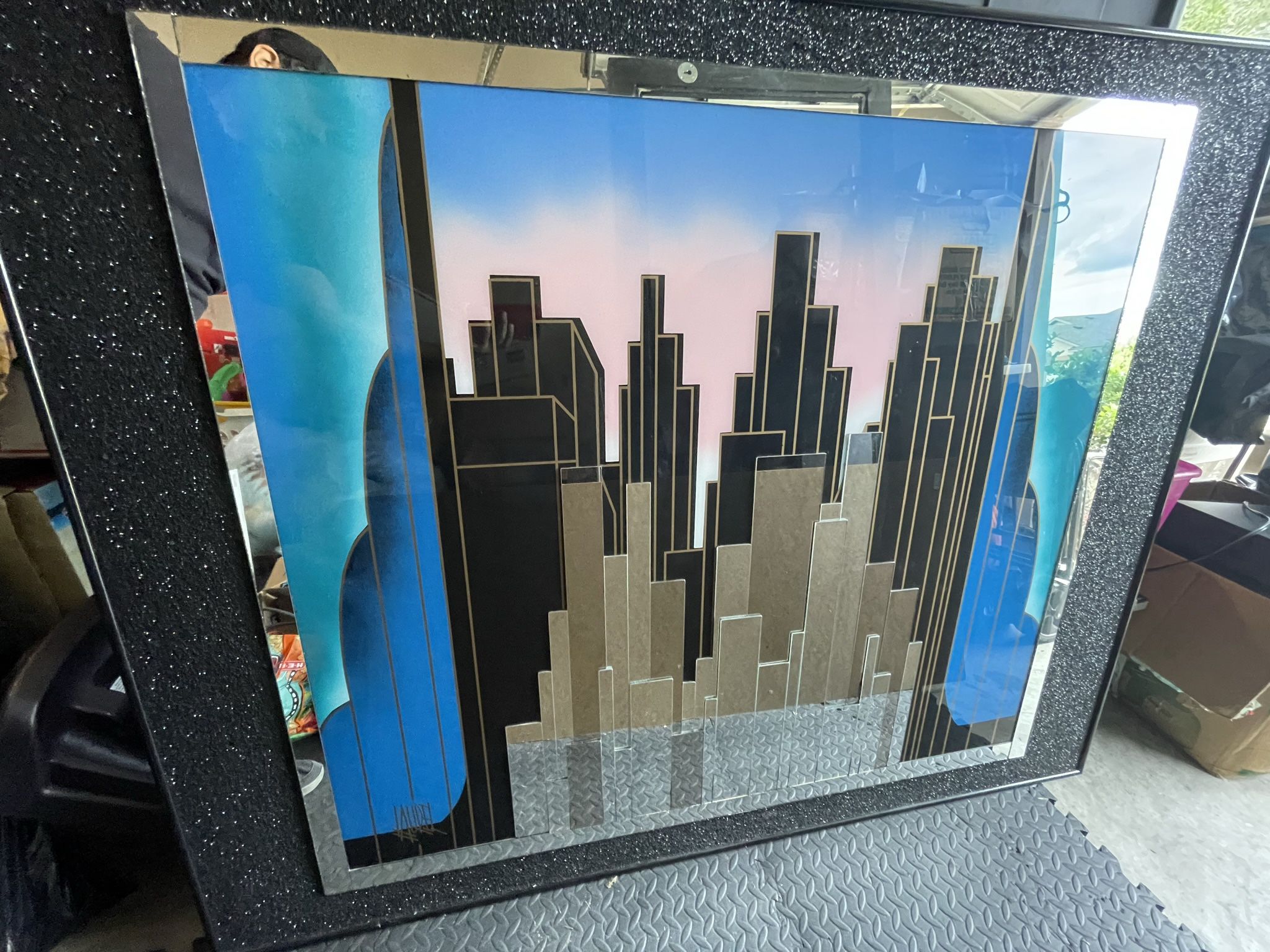 Vintage Modern Mirrored Art Deco Cityscape Wall Art signed by Laurel Studios