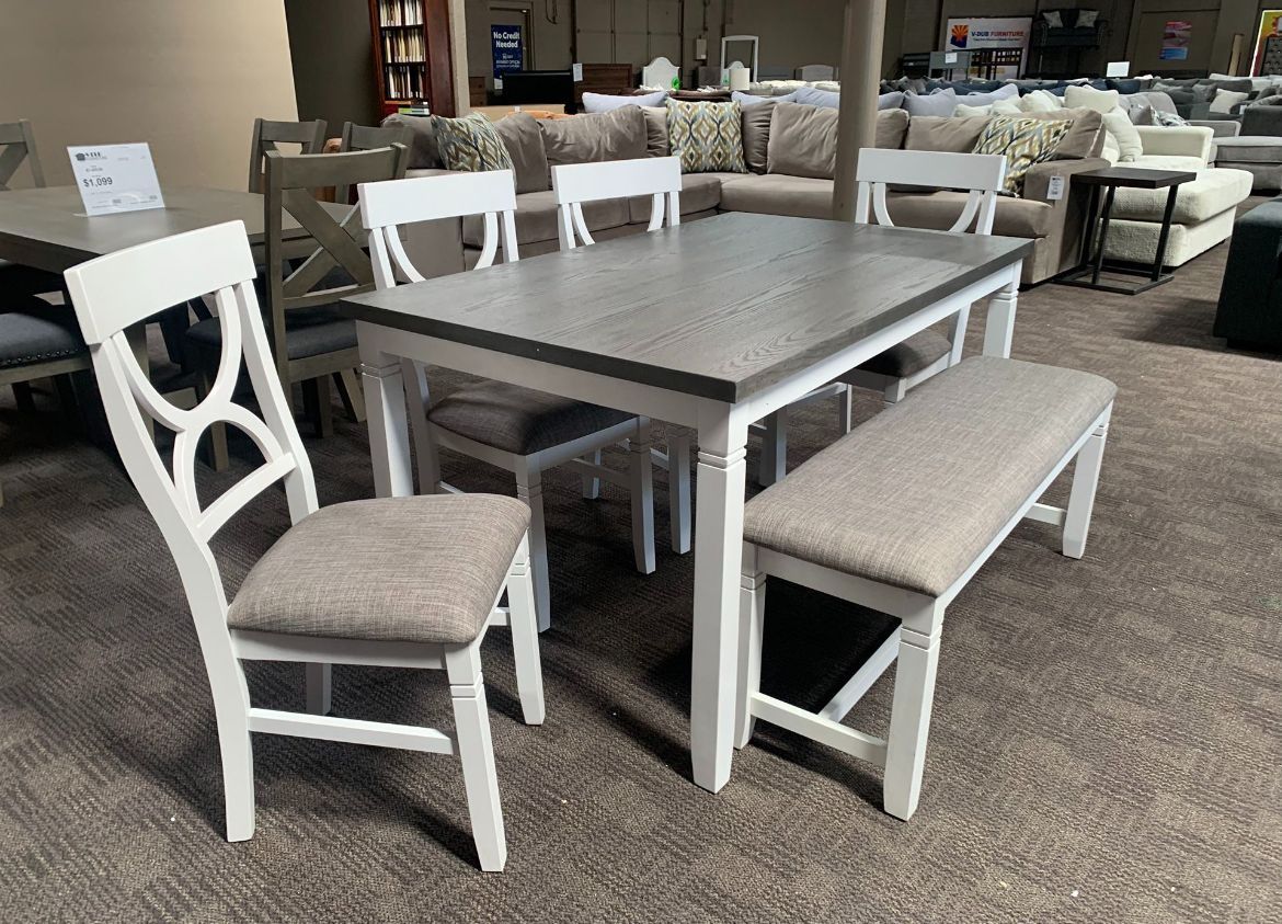 white and gray farmhouse table set 