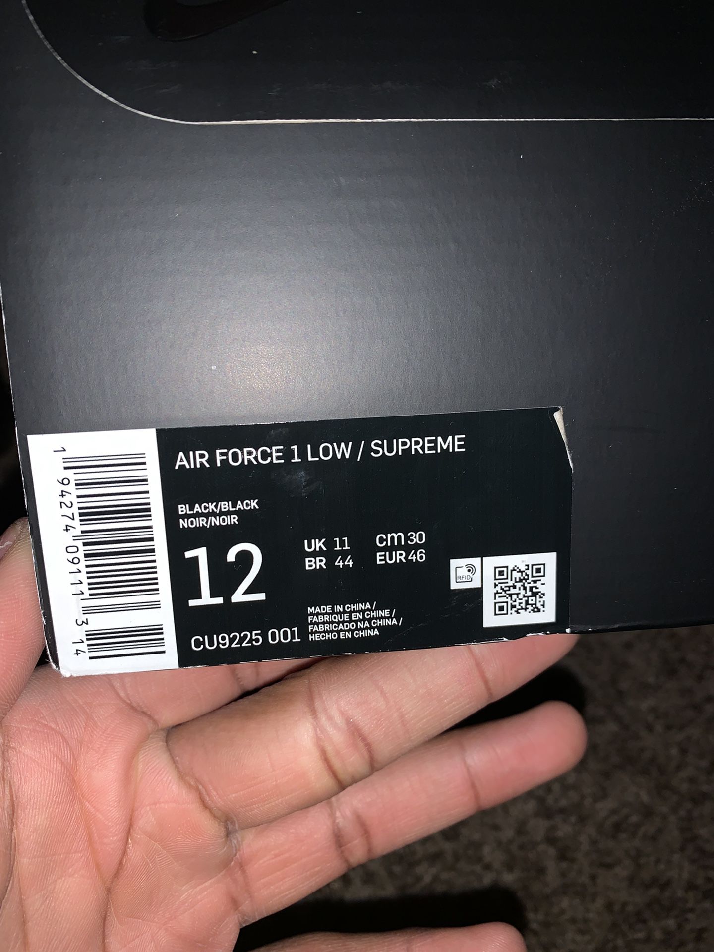 Nike Air Force 1 Low SP x SUPREME Black CU9225-001 NEW BOX Xtra Laces Men’s  11