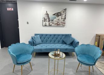 4 Pieces Living Room Set - Sky Blue Futon Sofa ; 2 Matching Petal Accent Chairs And Gold Table (New)