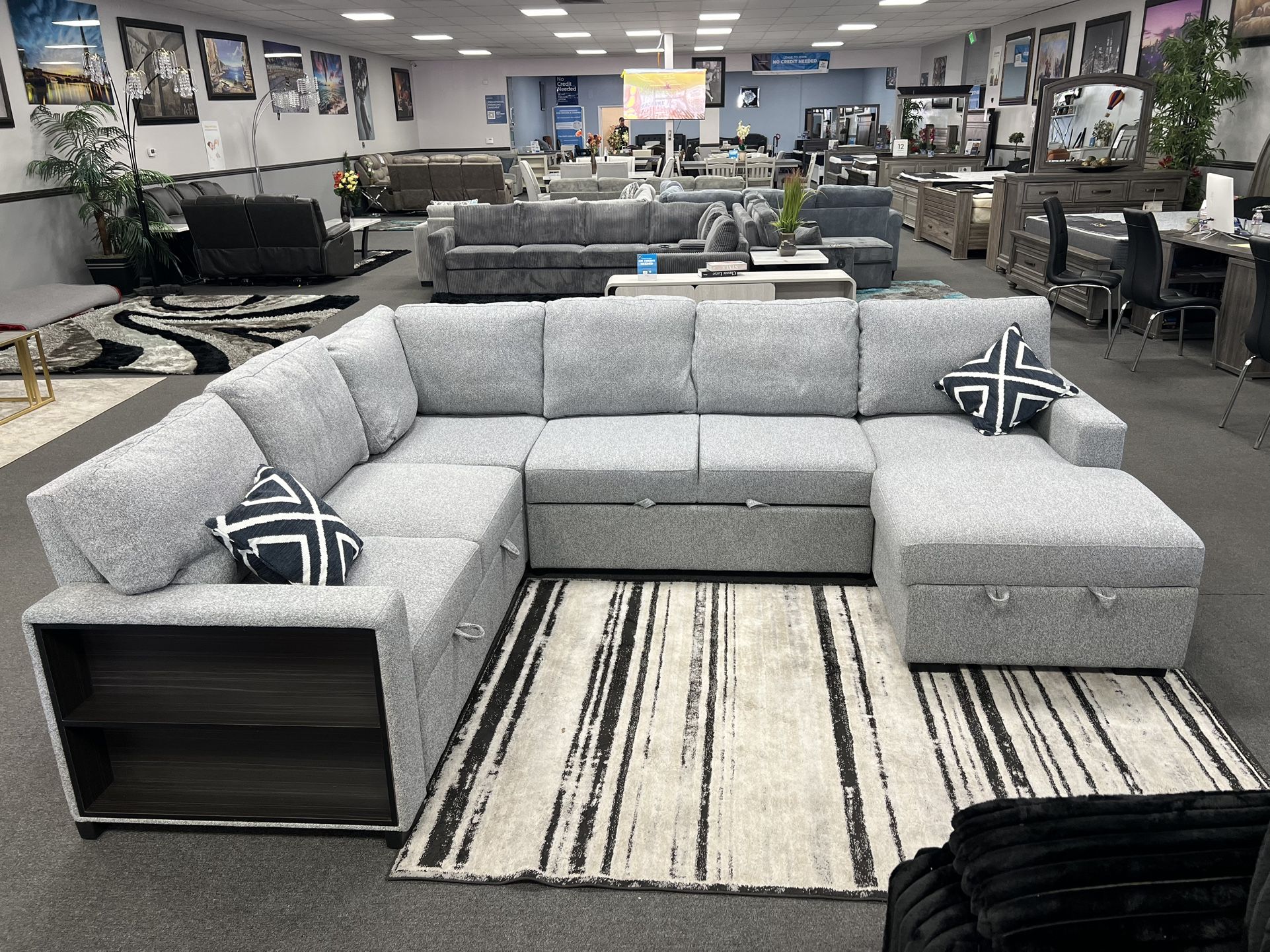 Gray Sofa Sleeper w/ Drop- Down Cupholder & Storage