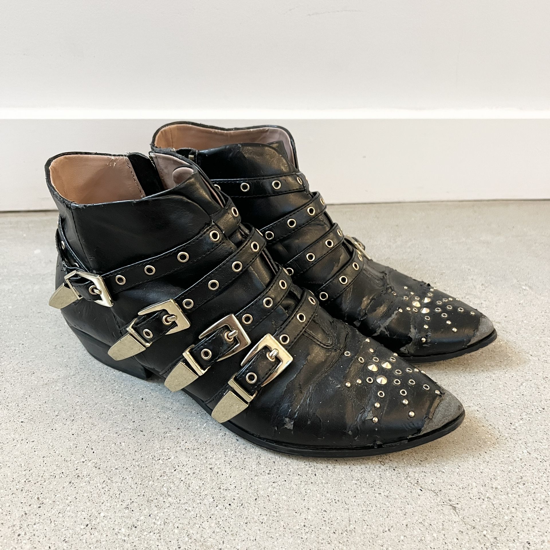 ZARA Gold Studded Belted Black Booties Ankle Boots **SELLING AS IS**