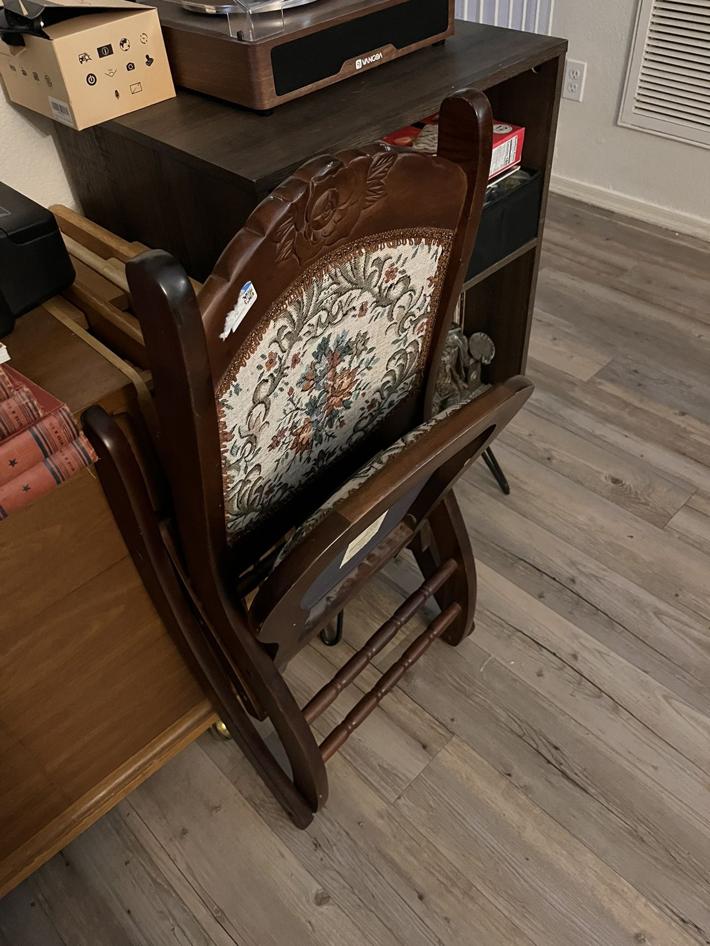 Antique Folding Victorian Style Wooden Rocking Chair Floral Tapestry. 31" Tall
