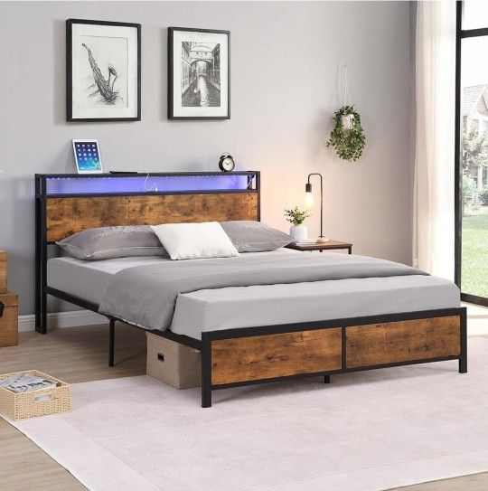 Modern Industrial QUEEN SIZE Bed Frame with LED Lights and 2 USB Ports, No Box Spring Needed