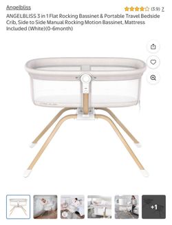 ANGELBLISS 3 in 1 Flat Rocking Bassinet & Portable Travel Bedside Crib, Side to Side Manual Rocking Motion Bassinet, Mattress Included (White)(0-6mont