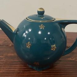 Hall Teapot Tea Pot Ceramic Green Gold Star Trim 0740 Vintage Retro USA 6 Cup