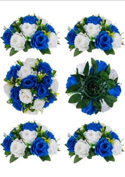 Royal Blue White Flowers 6 Pcs Fake Roses Flower Balls Centerpiece for Wedding Table - Artificial Silk Kissing Bouquet Floral Arrangement for Home Par