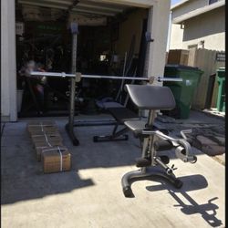 All Brand New Fully Adjustable Bench Squat Rack Combo With 300lb Olympic Weight Set With Barbell And Clips 