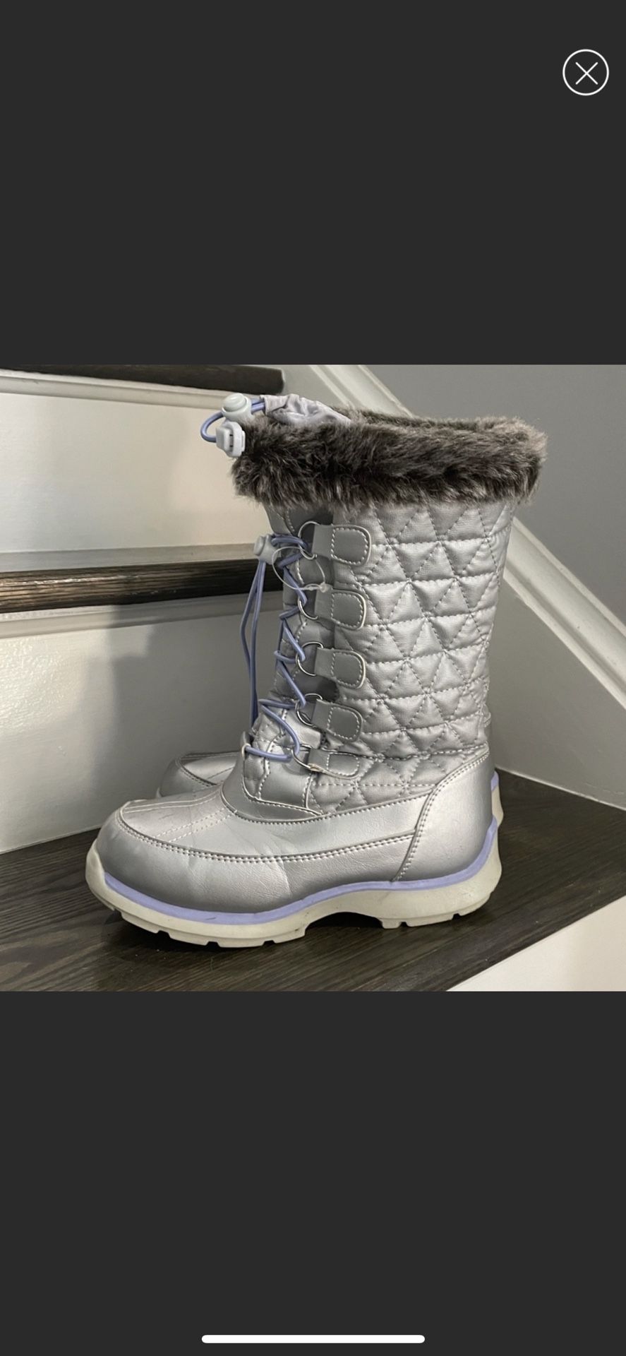 Lands End Tall Snow Winter Boots Faux Fur Silver Size 2M Girls