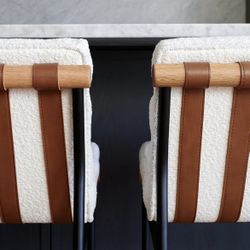 Denver Modern White Bouclè & Leather Bar Stools - Set of Four.  30” Height