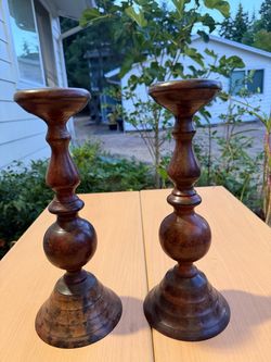 Pair of Tall 13.5" Hand-Turned Wooden Candlesticks / Pillar Candle Holders