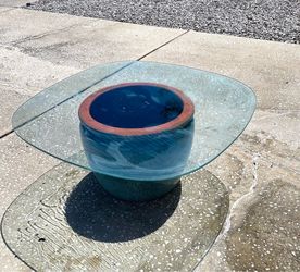 Beautiful outdoor teal color pottery cocktail table