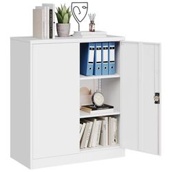 MIIIKO Lockable Storage Cabinet, Small Metal Garage Cabinet with Doors and Shelves, 35.4" Height Base Locker Cabinets 2 Doors