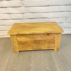 Boho Wood Flower Carved Storage Trunk Chest