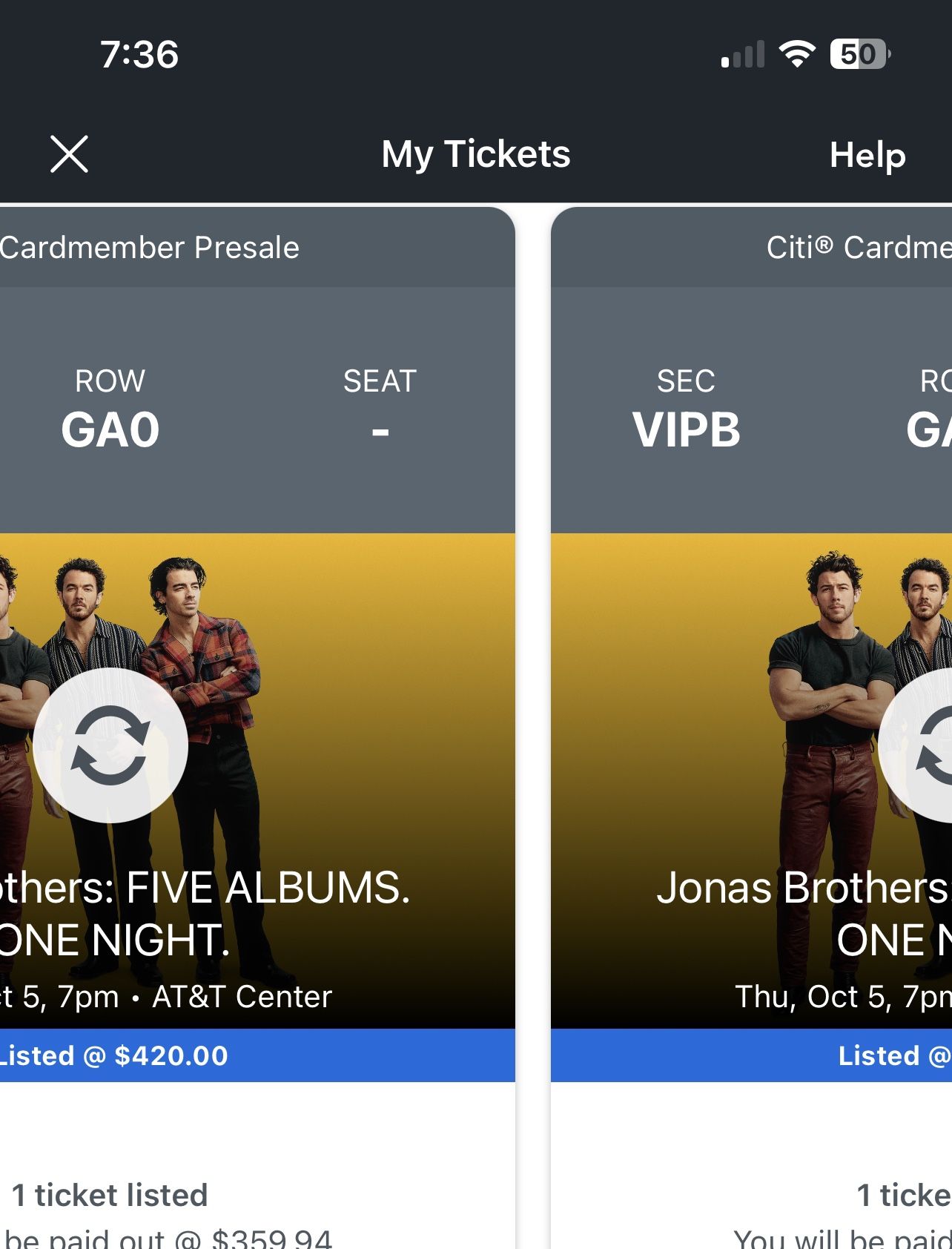 Jonas Brothers Tickets 10/05 VIP B stage for Sale in San Antonio, TX