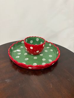 Festive Christmas Ceramic Chip and Dip Set - Red & Green Polka Dot