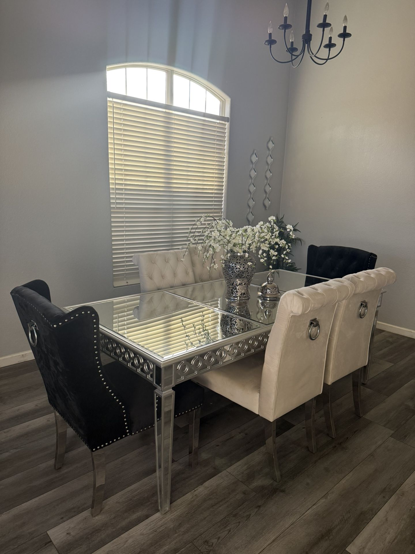 Mirror Silver Dining Table With 6 Velvet Chairs 
