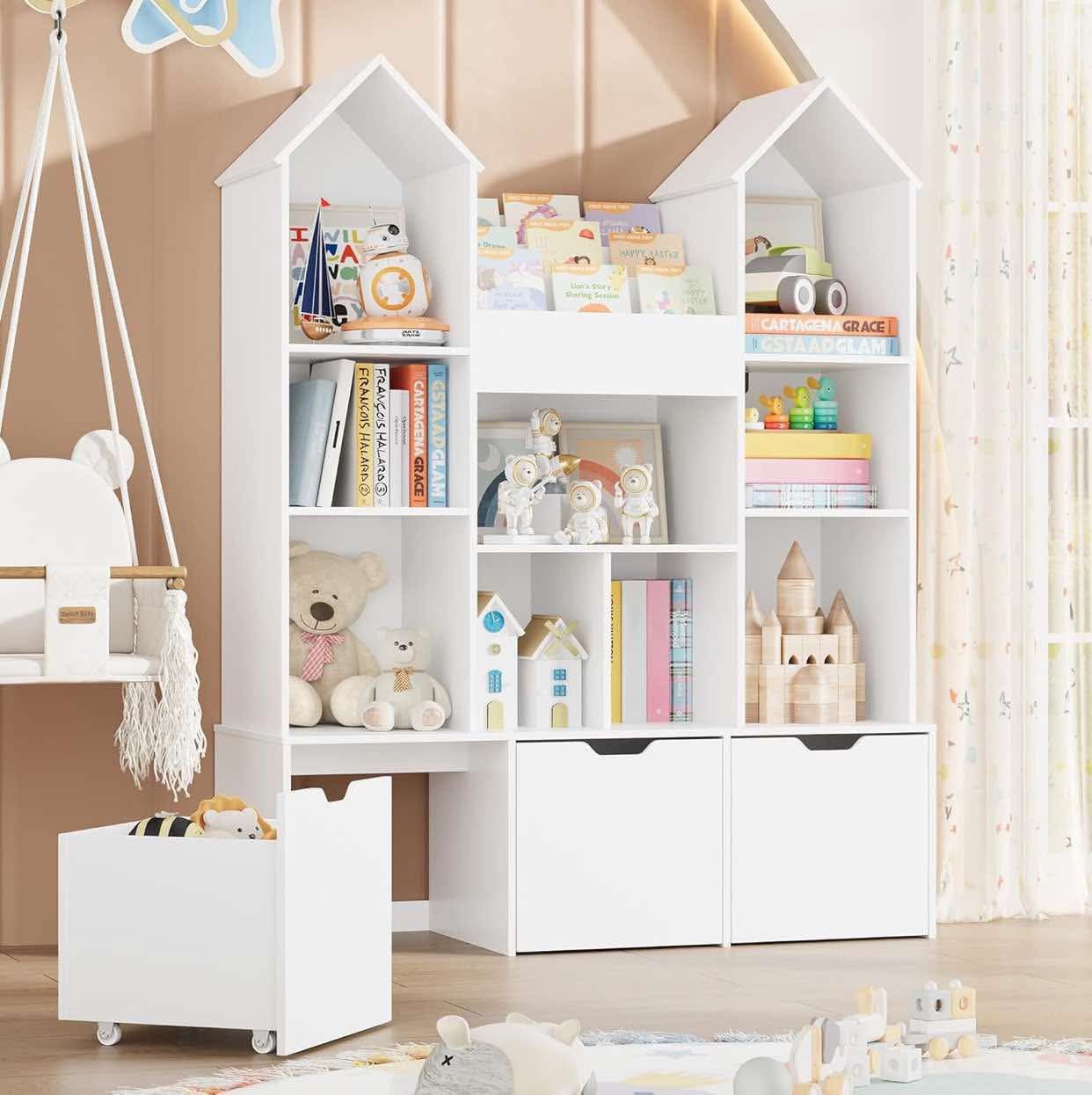 Toy Storage Organizer with Castle Roof, Large Kids Bookshelf Dollhouse with 3 Movable Drawers and 9 Storage Cubbies, Toy Organizers with 3-Tier Book R