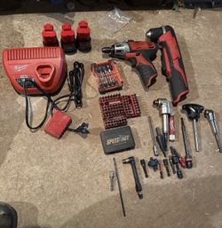 Milwaukee M12 Tool Lot — Charger, 3 Batteries, Screwdriver, Right-Angle Drill, Bits