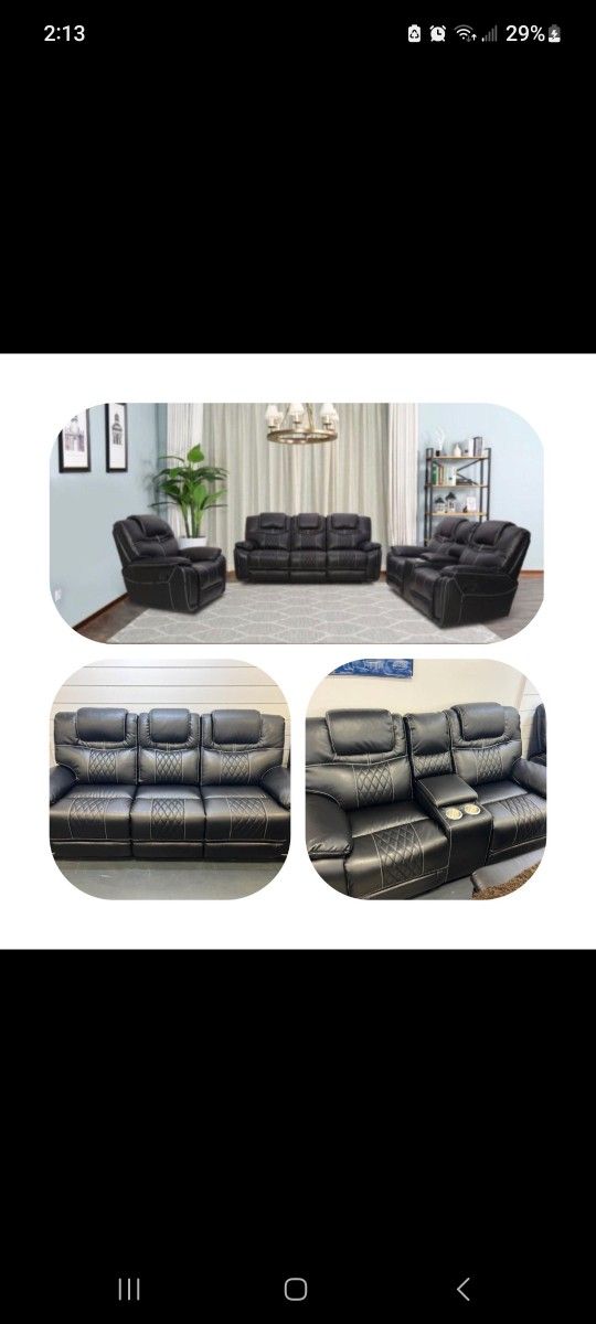 Santiago Black Reclining Leather 3 Piece Set---$1599---Unreal Pricing!!!---No Credit Needed Financing Available