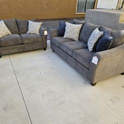 Brand New Oversize Sofa & Love Seat Solid Wood Dark Grey Fabric W/ Large Pillows $1149