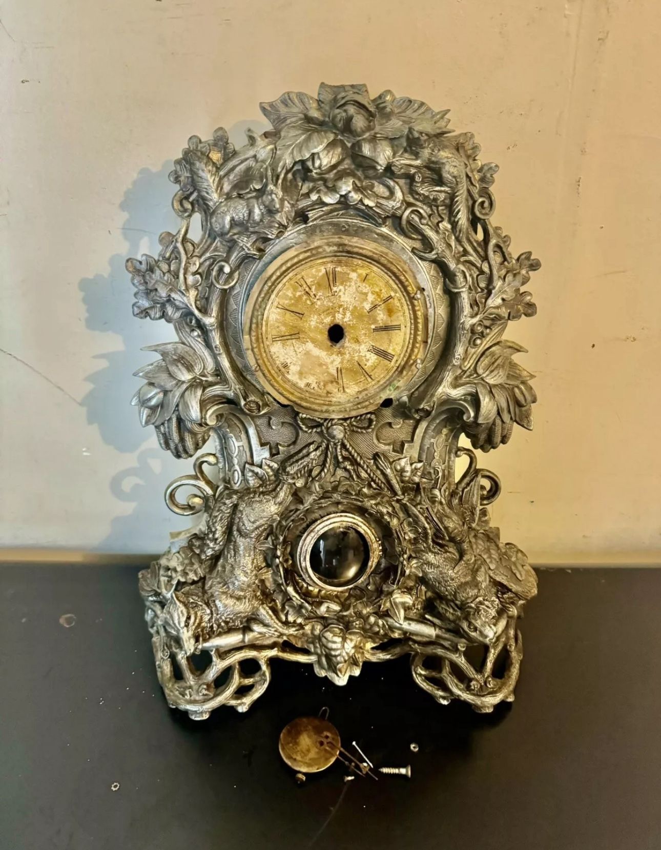 Antique 1858 Cast Iron Mantle Clock N. Muller NY No 65 Fox and the Hare 19”