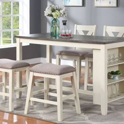 FARMHOUSE TWO-TONE-ANTIQUE WHITE GRAY 5 PIECE COUNTER HEIGHT DINING TABLE-STORAGE-SHELVING-STOOL-SET - MESA SILLAS ALTA