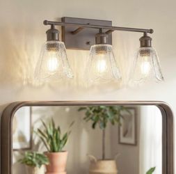 3-Light Bathroom Light Fixtures, Farmhouse Sconce Wall Lighting For Mirror, Modern Wall Sconces With Clear Floral Glass, Oil-Rubbed Bronze Finish, 5HJ
