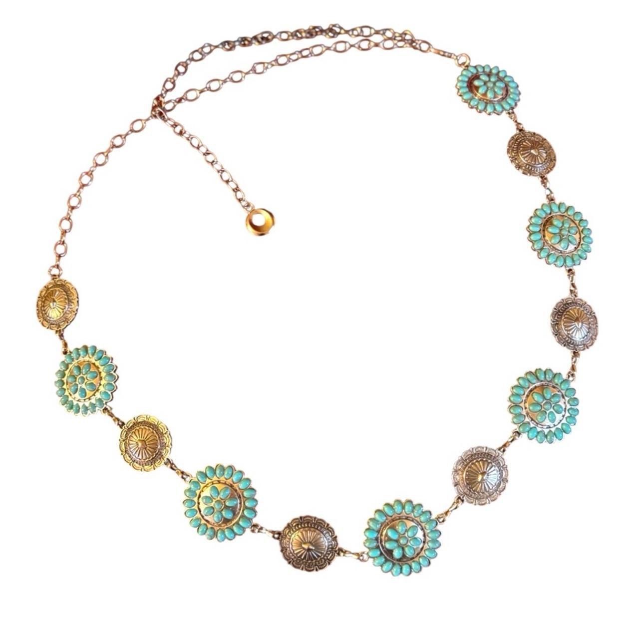 ALAVUSS Silver & Faux Turquoise Floral Concho Metal Chain Dress Belt Sz OS NEW